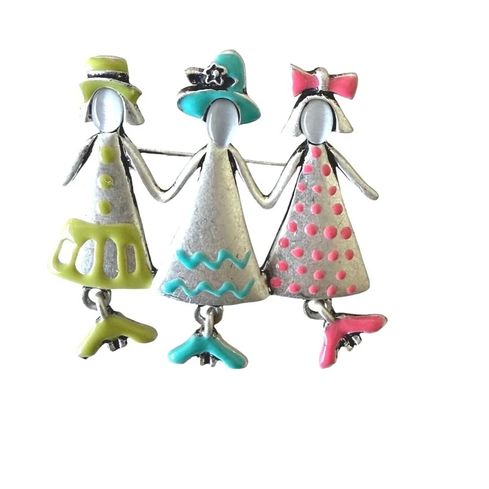 OTC Silver Tone Enamel Three Friends Holding Hands Brooch Whimsical BFF Kitsch